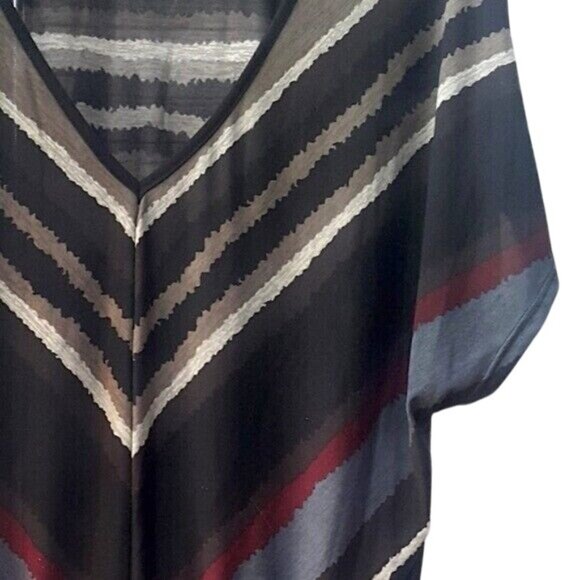 2/$15 Lavish Drawstring Top Gray Medium Batwing Short Sleeve Red V-Neck Stripe - Picture 4 of 6